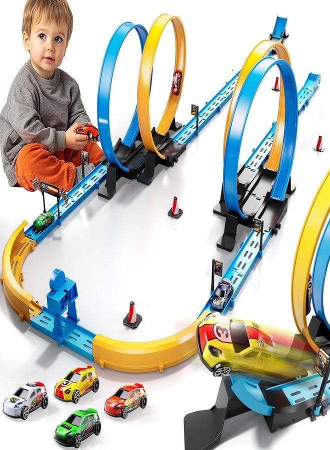 مجموعة ألعاب مسار سيارات LILYBUDS هدية مثالية للأولاد من عمر 3-5 و4-7 و8-12 سنة، مسارات سباق طويلة مع 4 حلقات حركة و4 سيارات سباق مصبوبة عالية السرعة، أكثر من 35 قطعة مسارات سباق لإنشاء تشكيلات متعددة. - Image 1